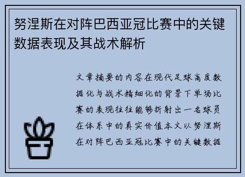 努涅斯在对阵巴西亚冠比赛中的关键数据表现及其战术解析 努涅斯在对阵巴西亚冠比赛中的关键数据表现及其战术解析